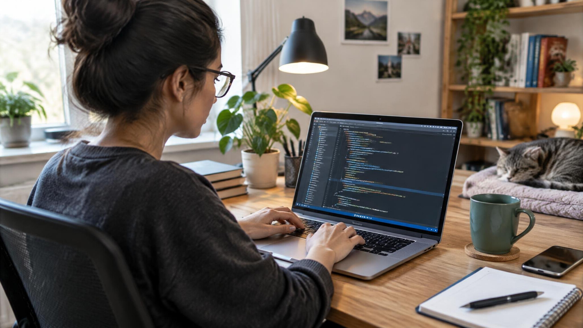 woman coding at home desk
