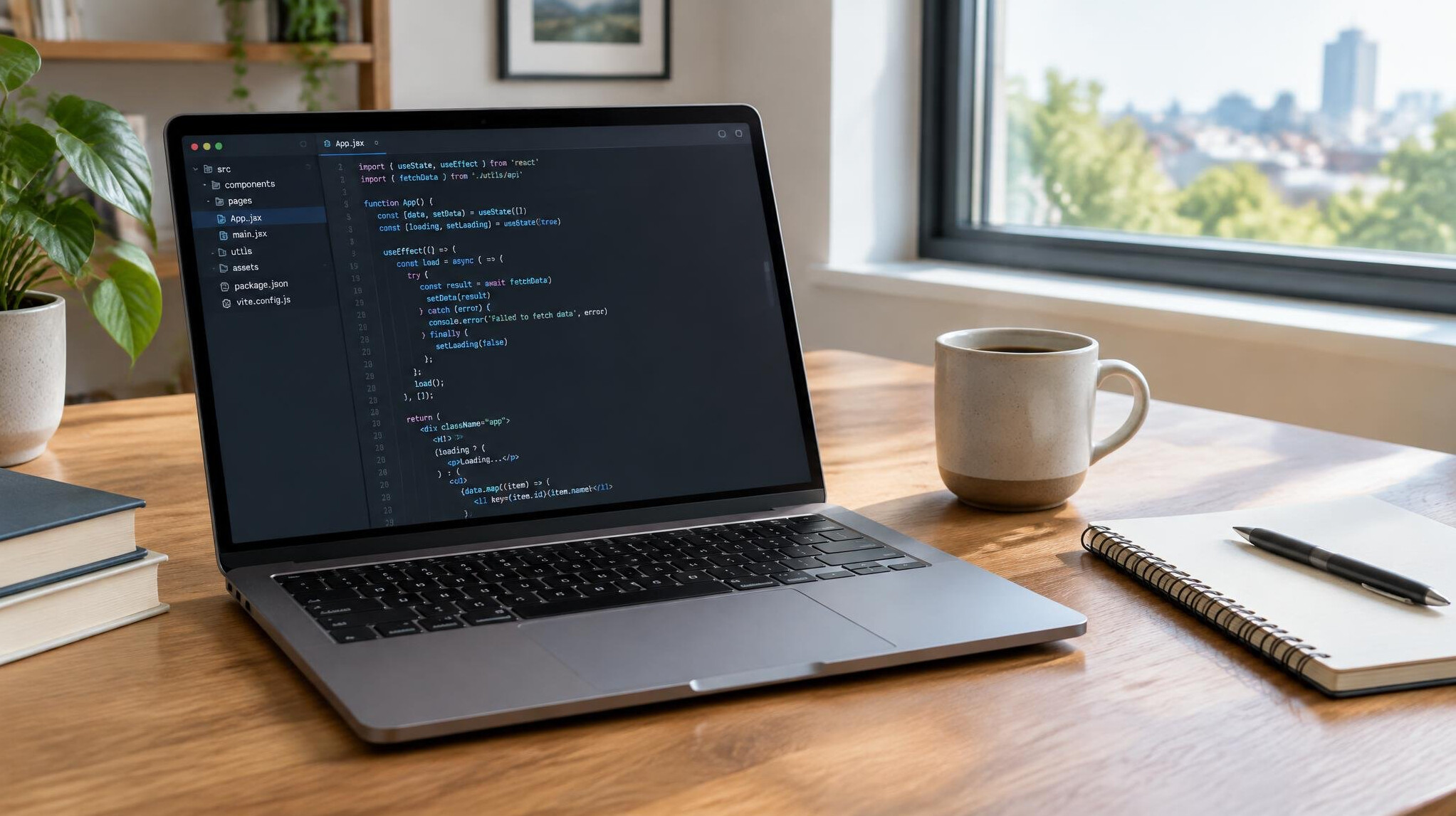 Laptop with code on a wooden desk