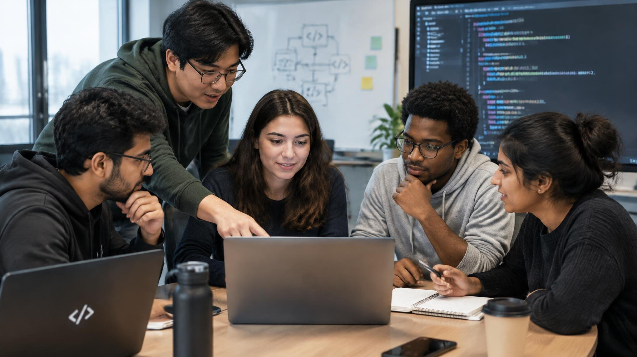 group of students discussing code
