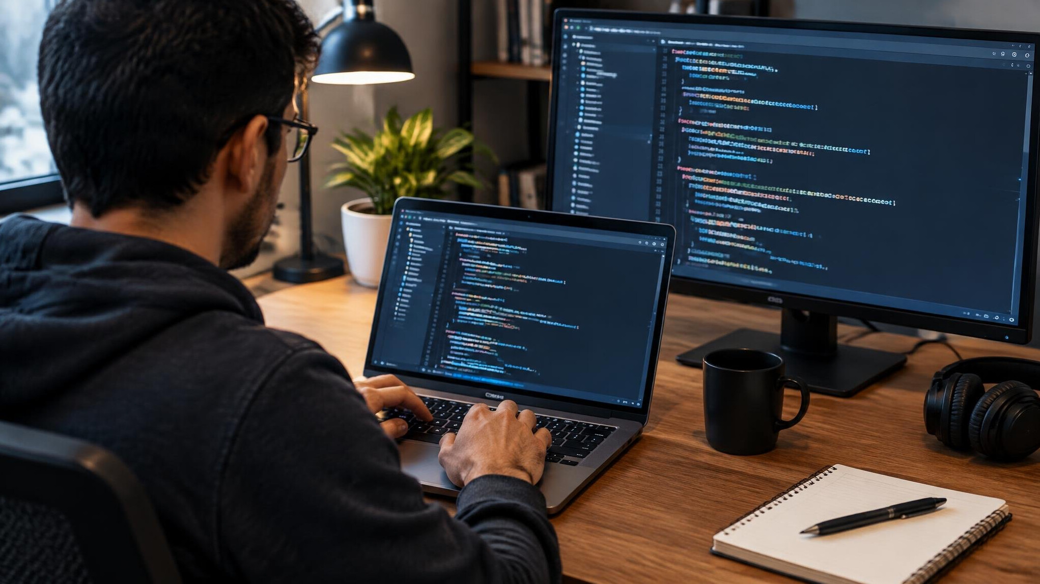 person coding on laptop